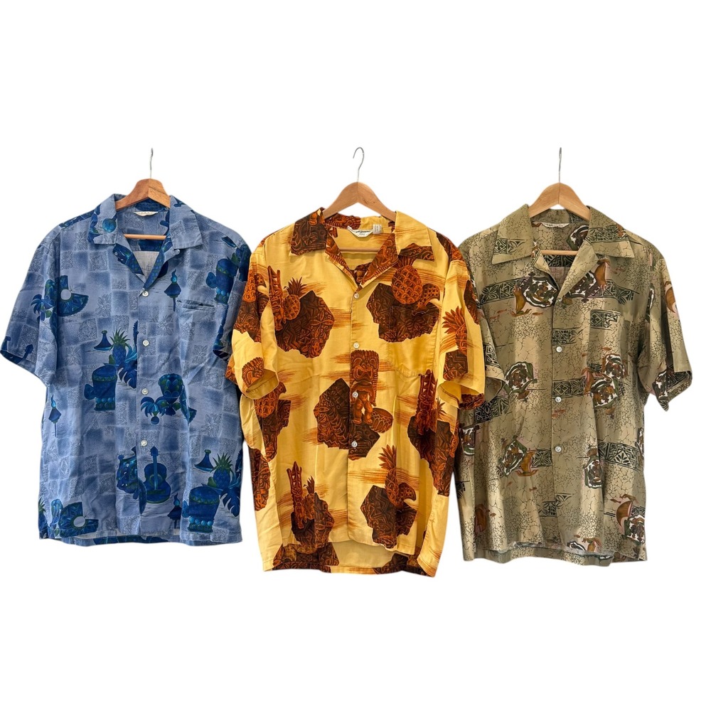 Lot of 3 Vintage Tropicana Hawaii Men Aloha Shirts Tiki Pineapple Blue Yellow